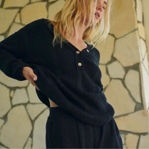 Free People Beach Venice Knit Sweater Black Ribbed Henley Oversized, Medium